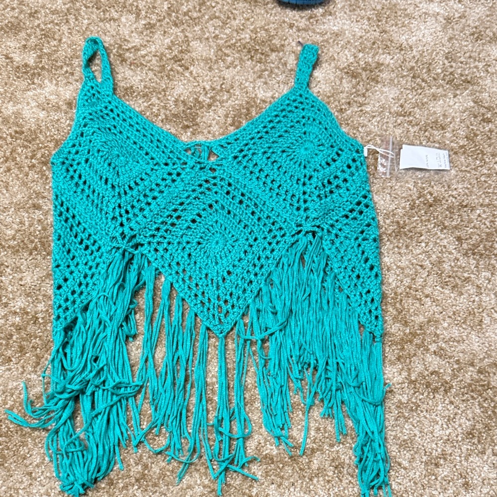 SHEIN Teal Crochet Fringe Bikini Cover-Up
